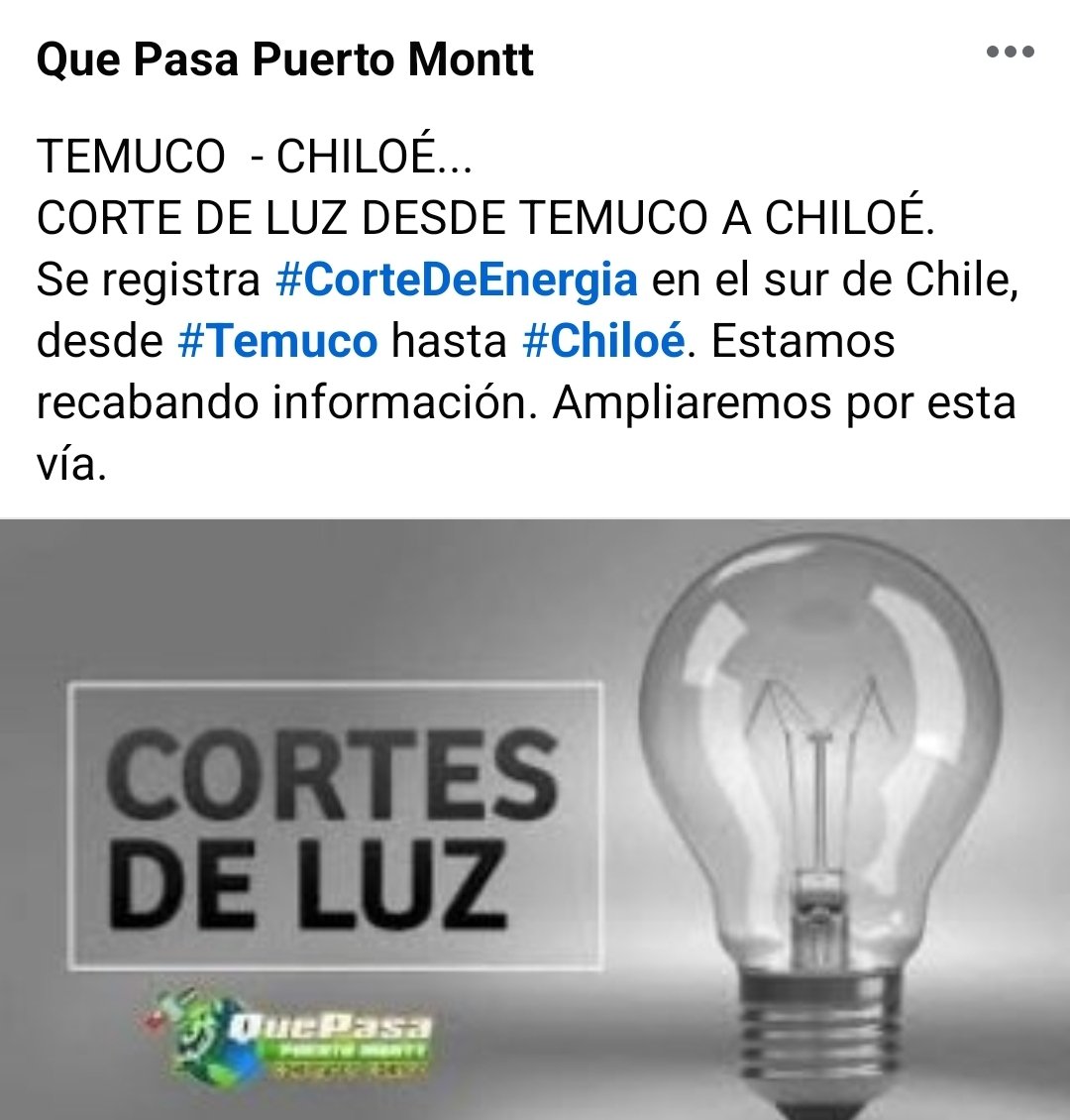 Corte de luz en todo el sur de Chile, desde Temuco a Chiloé.