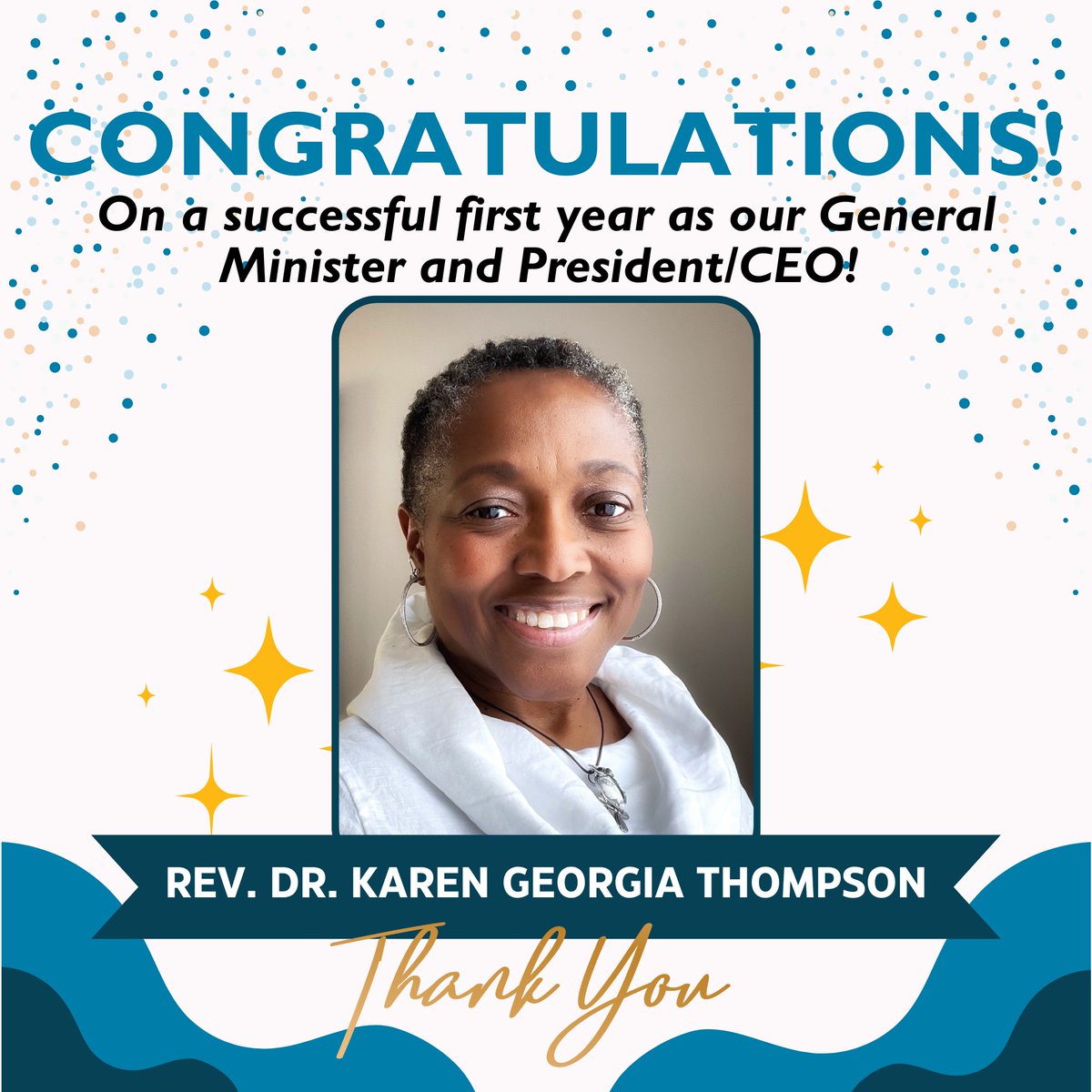 🎉 Today marks the one year anniversary of Rev. Karen Georgia Thompson's service as the #UCC's GMP/CEO!

🙌🏾 Please join us in wishing her congratulations &amp; expressing our gratitude for her leadership &amp; the work she has done to continue our mission of a #JustWorldForAll!