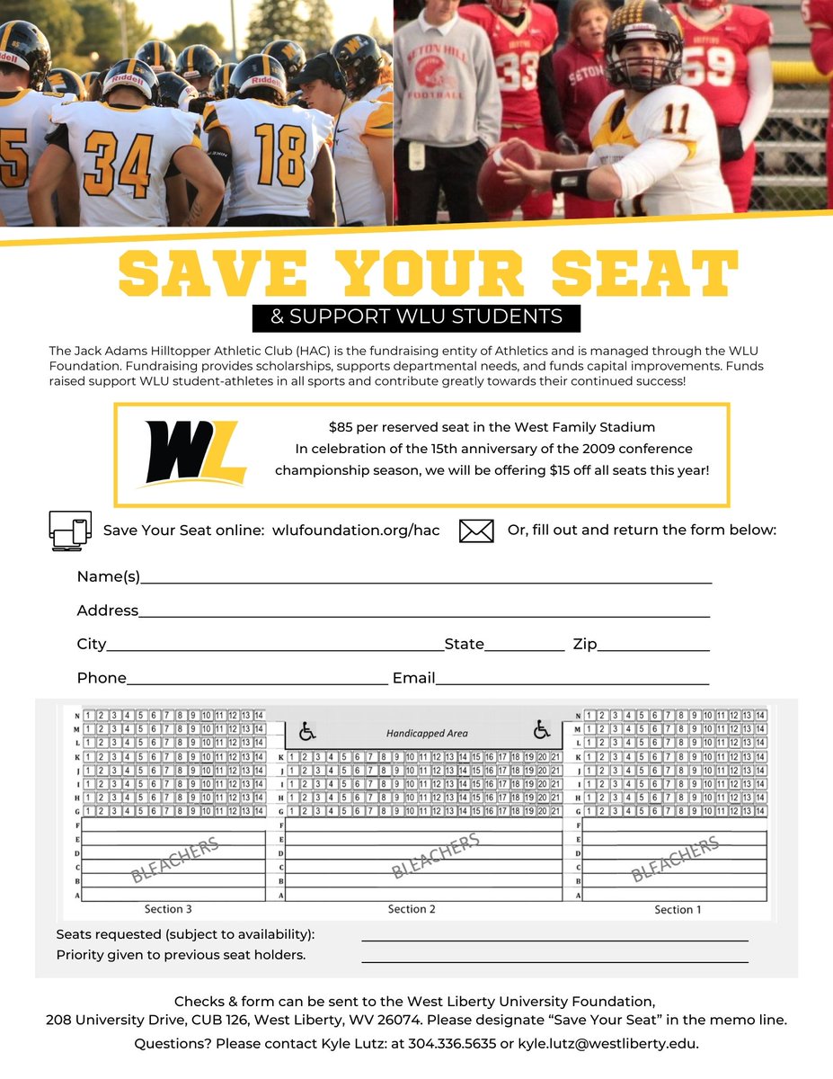 Hilltopper fans! We have reached August, which means football is right around the corner! 
The Save Your Seat fundraiser is underway! In celebration of the 15th anniversary of the 2009 conference championship season, all seats are $15 off!
Please visit wlufoundation.org/hac