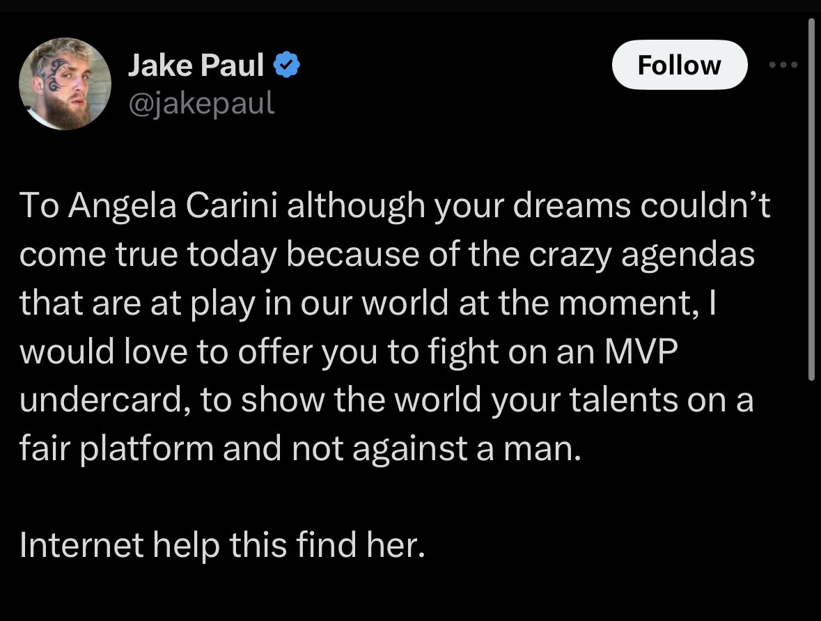 nicksortor's tweet photo. 🚨 JUST IN: Jake Paul has offered Angela Carini the chance to fight on an MVP card against an *actual* woman in a nationally televised fight.

This is AWESOME! Screw the Olympics.

Can you get in on this too @danawhite? https://t.co/feDAplokAb