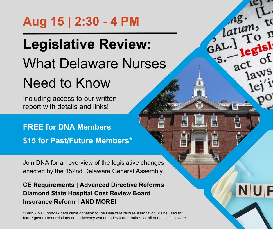 📢 Calling all Delaware nurses! Don't miss out on our upcoming webinar discussing legislative changes that will impact your practice. FREE for DNA members. Register now to stay informed! 💉🩺 

#DelawareNurses #Delaware #Nurse #LPN #RN #APRN #LegislativeChanges #NurseAdvocacy