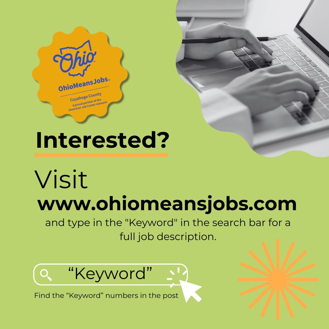 Looking for a job? 
OhioMeansJobs|Cleveland-Cuyahoga has well-paying positions available right now! 
Call us at 216-777-8200, walk in Mon-Fri 8:00am-4:30pm, or visit our website: omjcc.cuyahogacounty.gov
.
.
#JobSearch #ClevelandJobs #TrainingOpportunities