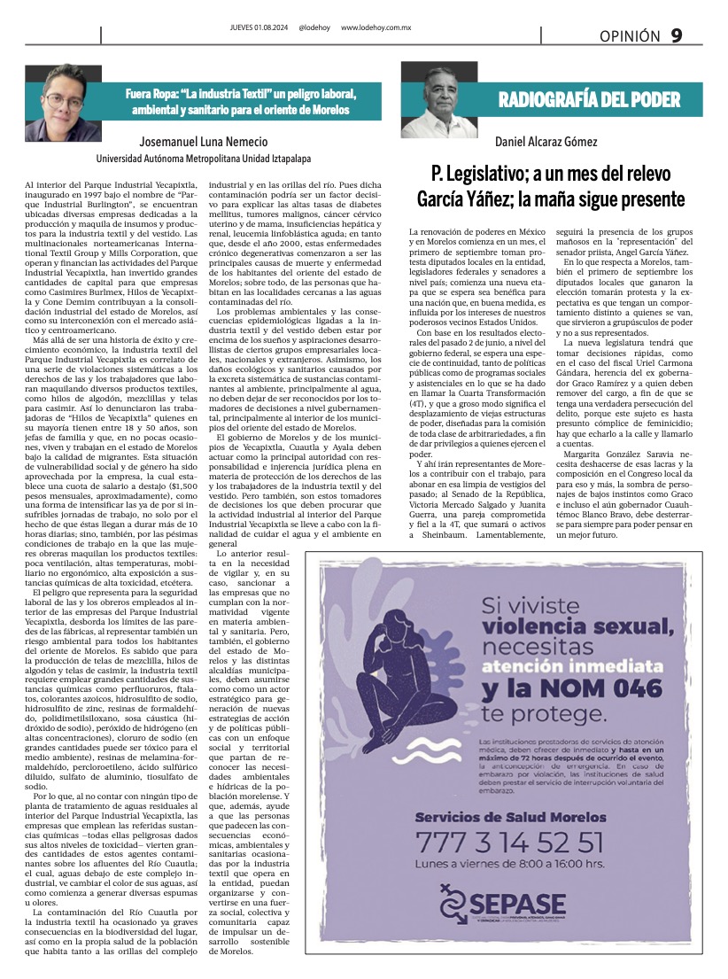 Josemanuel Luna-Nemecio (@josmaluna) on Twitter photo Les comparto mi nota de opinión publicada en <a href="/LDHMorelos/">Lo de Hoy Morelos</a> acerca de los daños socioambientales generados por la industria textil en Morelos.
"Fuera Ropa: La industria Textil: un peligro laboral, ambiental y sanitario para el oriente de Morelos"
morelos.lodehoy.com.mx/pdfile.php?f=/… Les comparto mi nota de opinión publicada en <a href="/LDHMorelos/">Lo de Hoy Morelos</a> acerca de los daños socioambientales generados por la industria textil en Morelos.
"Fuera Ropa: La industria Textil: un peligro laboral, ambiental y sanitario para el oriente de Morelos"
morelos.lodehoy.com.mx/pdfile.php?f=/…