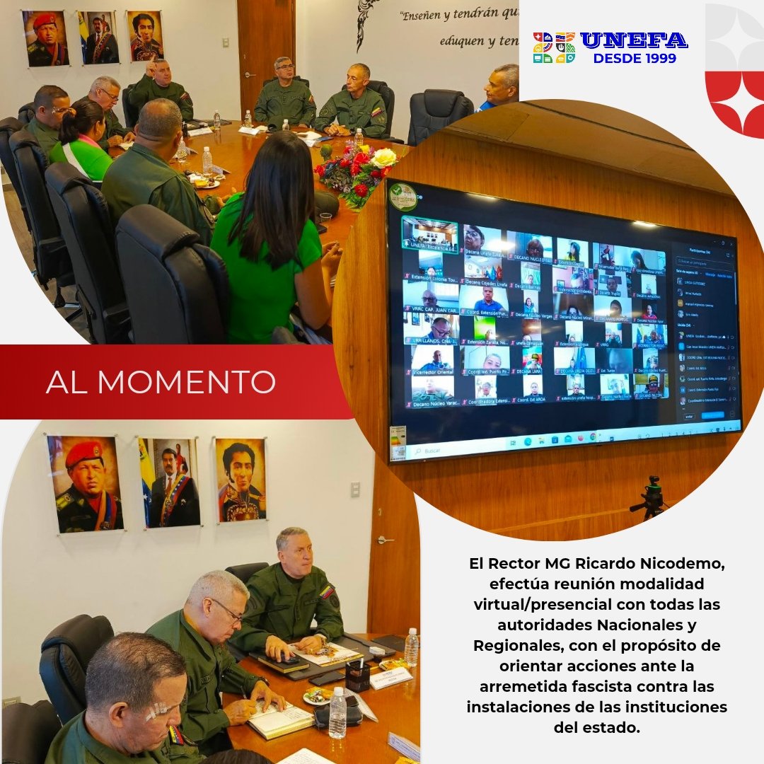 #Almomento El Rector MG <a href="/R_Nicodemo/">MG Ricardo Nicodemo Ramos</a> junto a las autoridades nacionales y regionales encabeza el encuentro  virtual/presencial con el propósito de girar orientaciones a las  autoridades académicas ante las arremetida fascista contra las instituciones del Estado
<a href="/vladimirpadrino/">Vladimir Padrino L.</a>