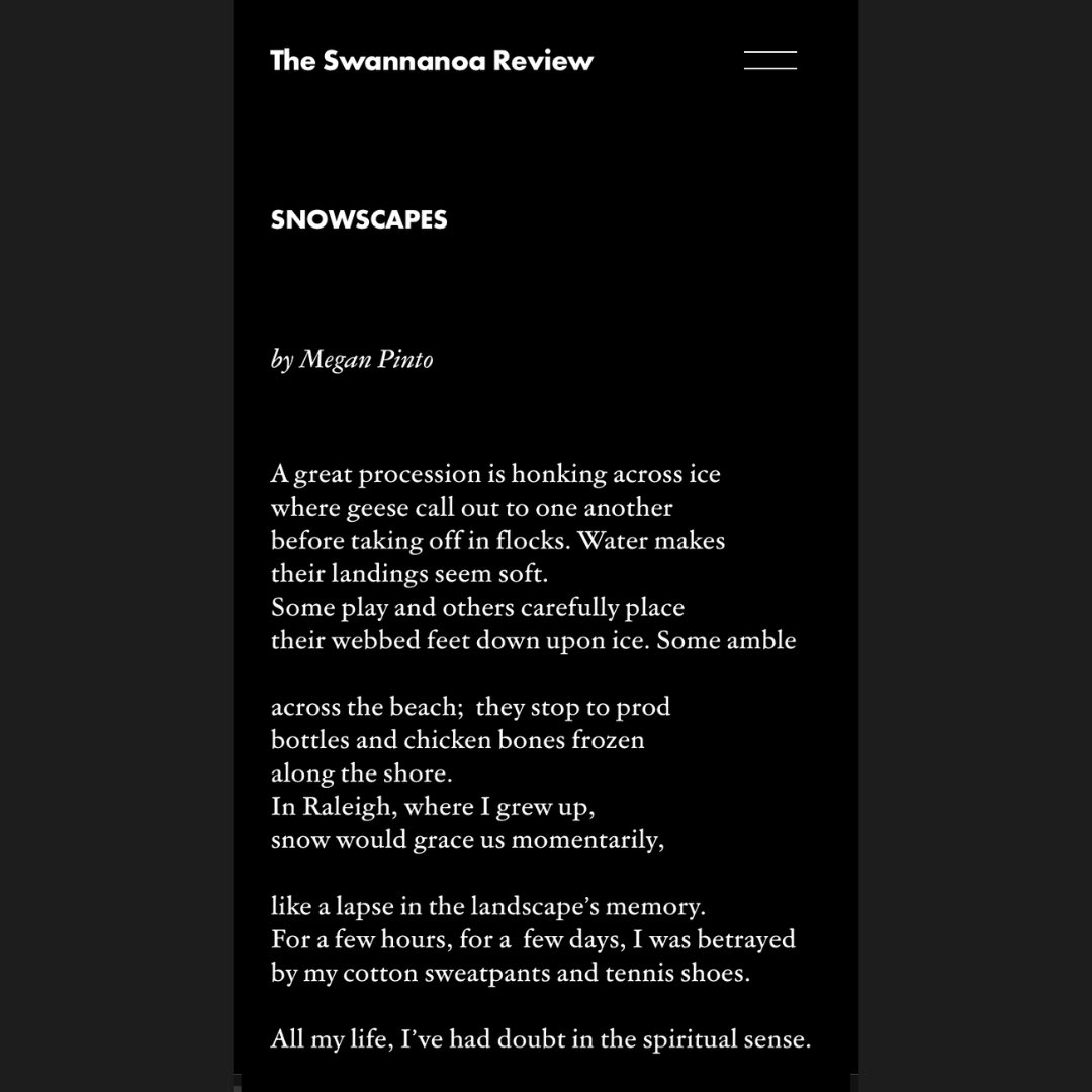 megg_bean's tweet image. TY to the generous editors of the @SwannanoaReview for putting my poem in conversation with such great writing. “Snowscapes” is forthcoming with Saints of Little Faith (which you can still preorder!).