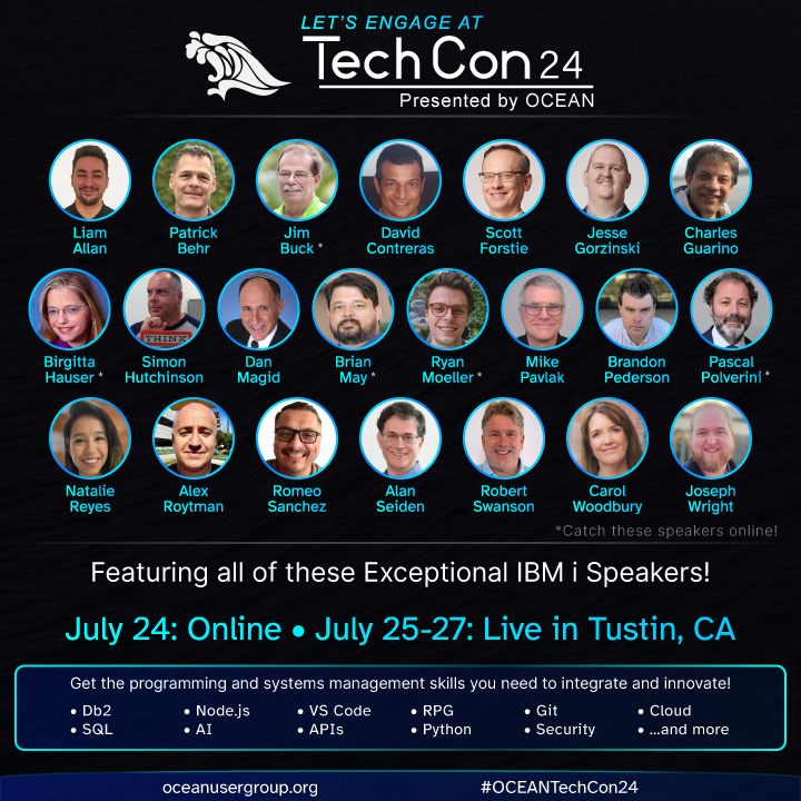 OCEANUserGroup's tweet image. Thank you so much to all the Amazing Speakers, Exhibitors, and Attendees who joined us last week at #TechCon24! It was terrific to learn about &amp;amp; discuss all things #IBMi and #AI and #SQL and #OpenSource &amp;amp; more! Stay tuned for our next in-person event coming up this February!