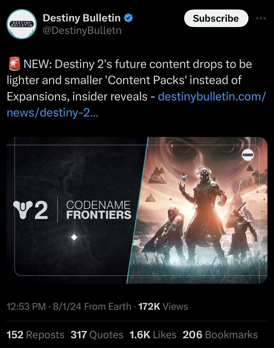 DestinyNostalgi's tweet photo. Destiny 2 no longer getting expansions.

Destiny 3 no longer in development. 

It has quite literally never been more over than it is right now. https://t.co/3jlrrShMAY