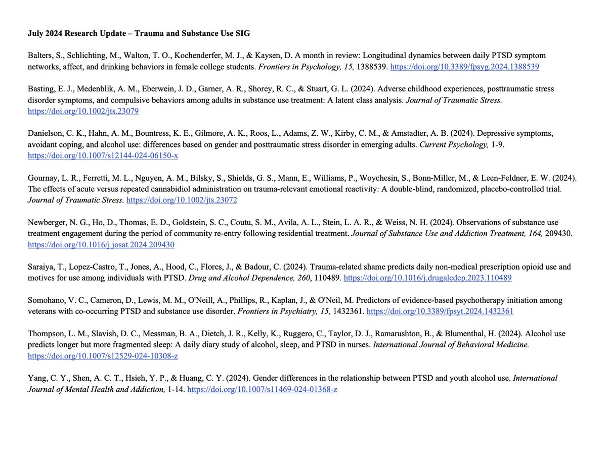 ISTSS_SUD_SIG's tweet photo. Our July 2024 research update features work from @EvanBasting @ckdanielson1 @Noam_Newberger @DrTanyaSaraiya @lindam_thompson &amp; more! Be sure to check out their work for the latest research on #trauma &amp; #SUD. https://t.co/wL6iBOK0NS