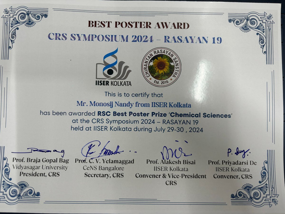 Congratulations to Monosij Nandy (<a href="/monosijnandy/">Monosij Nandy</a>) and Shilpa Dangar (<a href="/shilpa39490/">Shilpa Dangar</a>) for receiving Best Poster Award  at the CRS Symposium 2024 - Rasayan 19 held at IISER Kolkata.
<a href="/RoySocChem/">Royal Society of Chemistry</a>  <a href="/AlakeshBisai/">Alakesh Bisai</a>