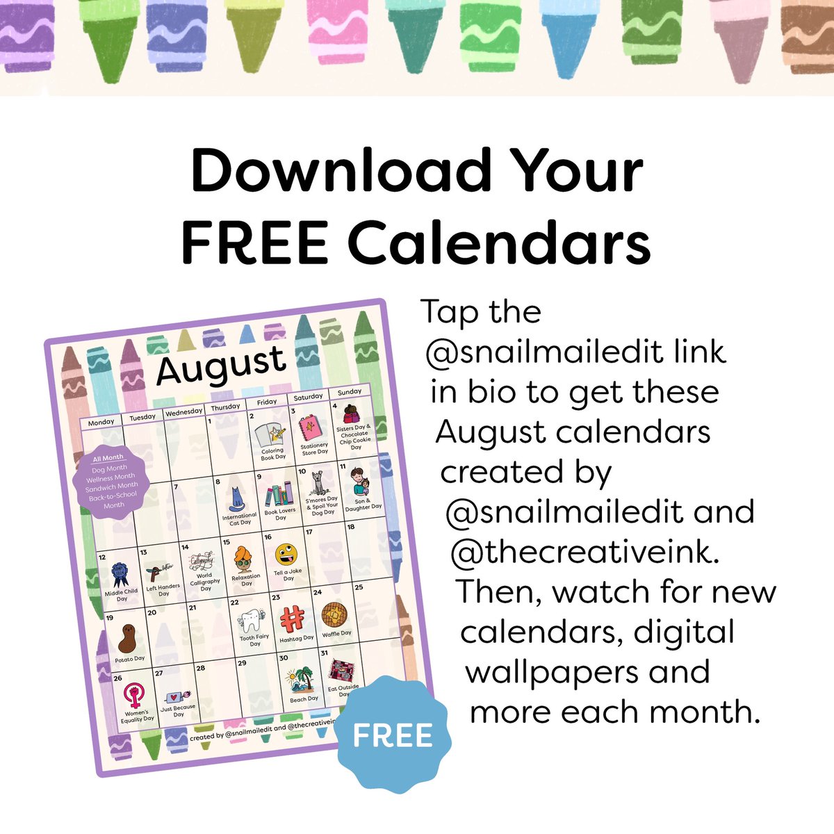 Kicking things off with a FREE calendar full of fun! 🗓️🎉

Download your free calendar created by me and The Creative Ink now: linkin.bio/snailmailedit/