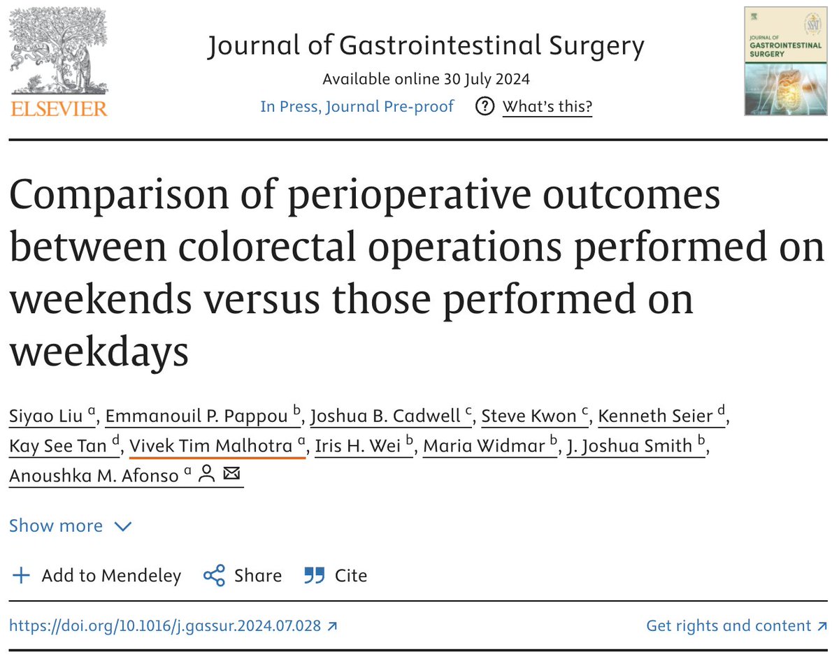 Memorial Sloan Kettering Anesthesia (@msk_anesthesia) on Twitter photo Check out our new article in the Journal of Gastrointestinal Surgery "Comparison of perioperative outcomes between colorectal operations performed on weekends versus those performed on weekdays"
sciencedirect.com/science/articl… Check out our new article in the Journal of Gastrointestinal Surgery "Comparison of perioperative outcomes between colorectal operations performed on weekends versus those performed on weekdays"
sciencedirect.com/science/articl…