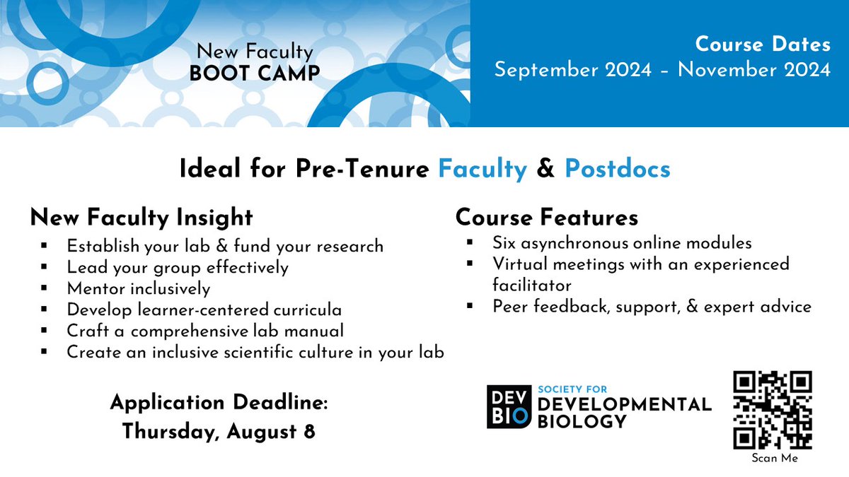 One week left to apply for SDB New Faculty Boot Camp for pre-tenure faculty &amp; advanced postdocs w/accepted offer. Course objectives: managing time, projects, and people; securing funding; and growing as teachers &amp; mentors. Application deadline: August 8 bit.ly/3TeJFYB