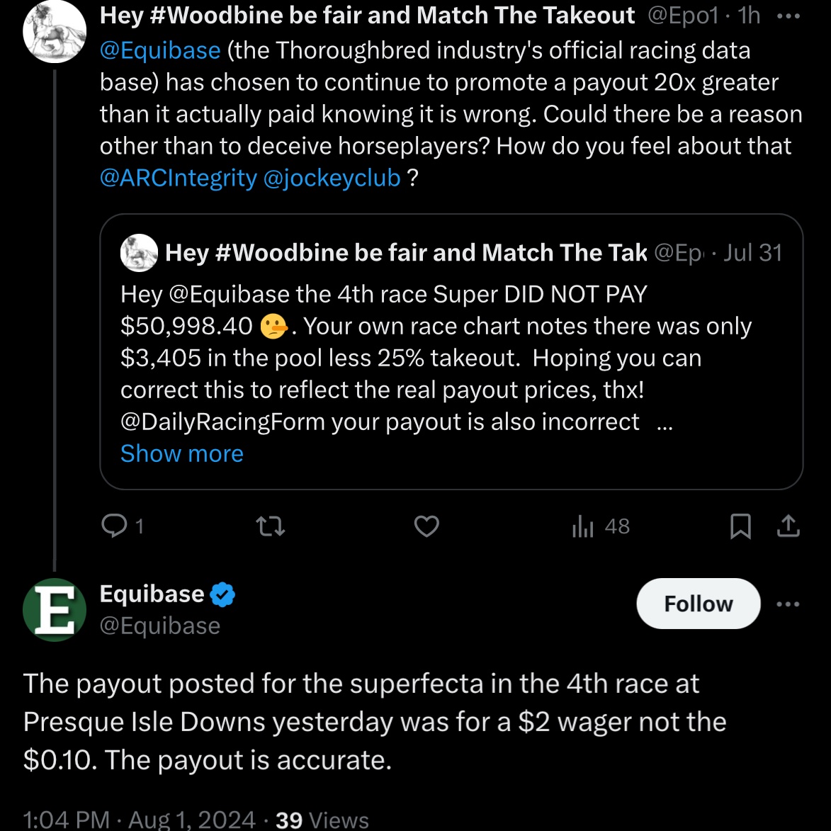 eric_bialek's tweet image. If you want to essentially promote offshore bookmakers giving full payouts/odds on parimutel wagers, this is an outstanding reason to not bet into parimutuel pools. A bet can’t pay $50k when the pool is $3405. 

@Epo13 @Equibase