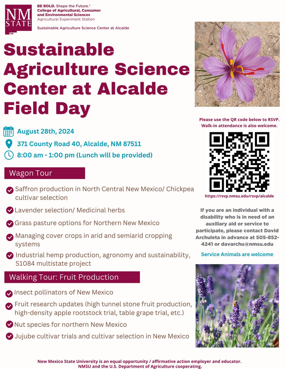 Join us on August 28th for the Sustainable Agriculture Science Center at Alcalde Annual Field Day. The field day will focus on providing insights into various fruit species, high-value low-input crops, and sustainable farming techniques relevant to north-central New Mexico.