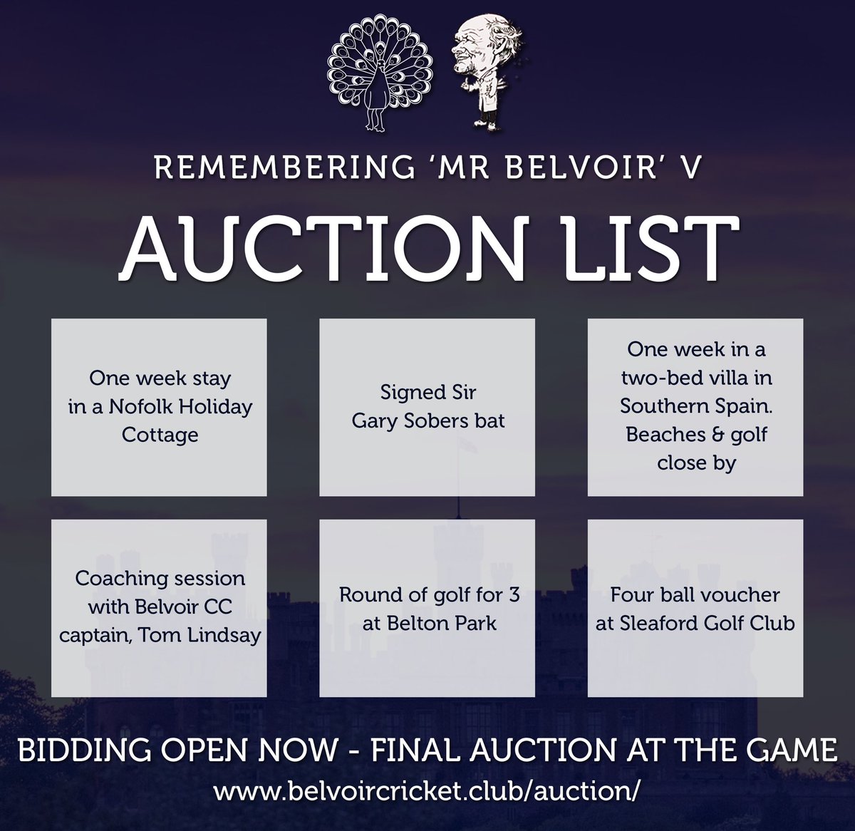 🚨 CLUB AUCTION 🚨 

As part of tomorrow evenings ‘Remembering Mr Belvoir V’ we are holding another club auction. 

Six fantastic prizes up for grabs… bidding is OPEN and will close following the conclusion of the match 👇 

🔗 belvoircricket.club/auction

#UTB 🦚