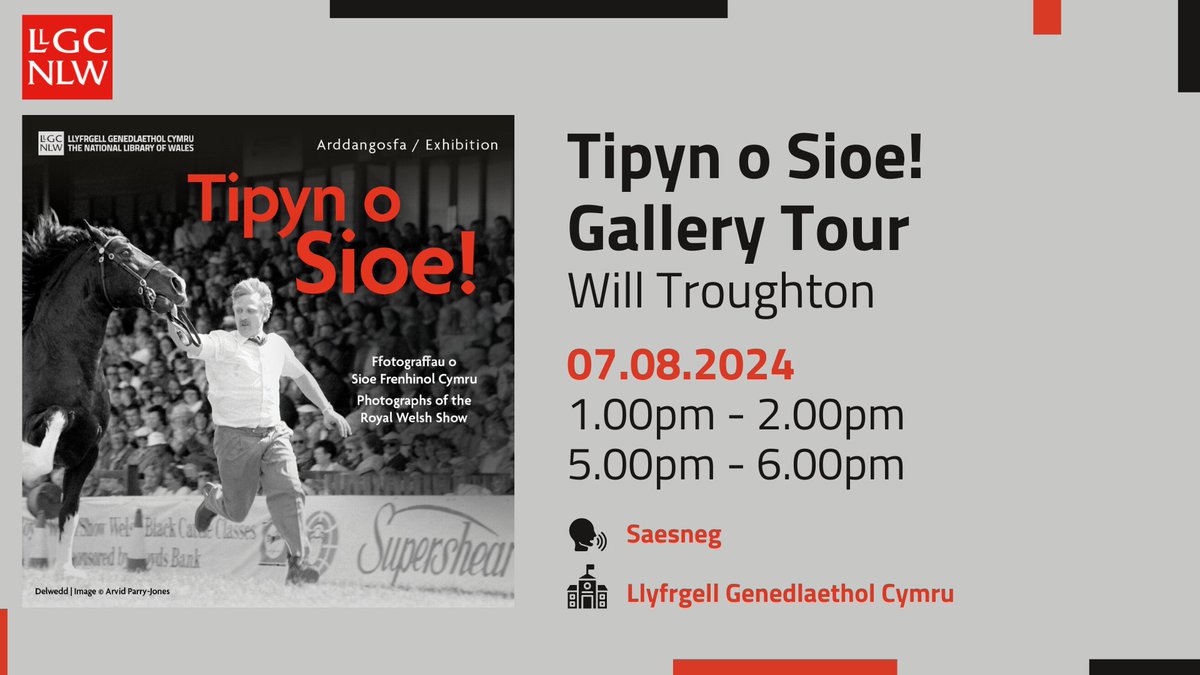 Llyfrgell Genedlaethol Cymru (@llgcymru) on Twitter photo ‘Tipyn o Sioe!’ Gallery Tour
Yn nodi 120 mlynedd o’r <a href="/royalwelshshow/">Royal Welsh Agricultural Society</a>, mae ein harddangosfa ‘Tipyn o Sioe!’ yn edrych ar sut mae’r Sioe ac amaethyddiaeth wedi datblygu. Ymunwch â’i guradur Will Troughton am daith arbennig o gwmpas yr arddangosfa.
🔗 llyfrgell.cymru/digwyddiadau ‘Tipyn o Sioe!’ Gallery Tour
Yn nodi 120 mlynedd o’r <a href="/royalwelshshow/">Royal Welsh Agricultural Society</a>, mae ein harddangosfa ‘Tipyn o Sioe!’ yn edrych ar sut mae’r Sioe ac amaethyddiaeth wedi datblygu. Ymunwch â’i guradur Will Troughton am daith arbennig o gwmpas yr arddangosfa.
🔗 llyfrgell.cymru/digwyddiadau