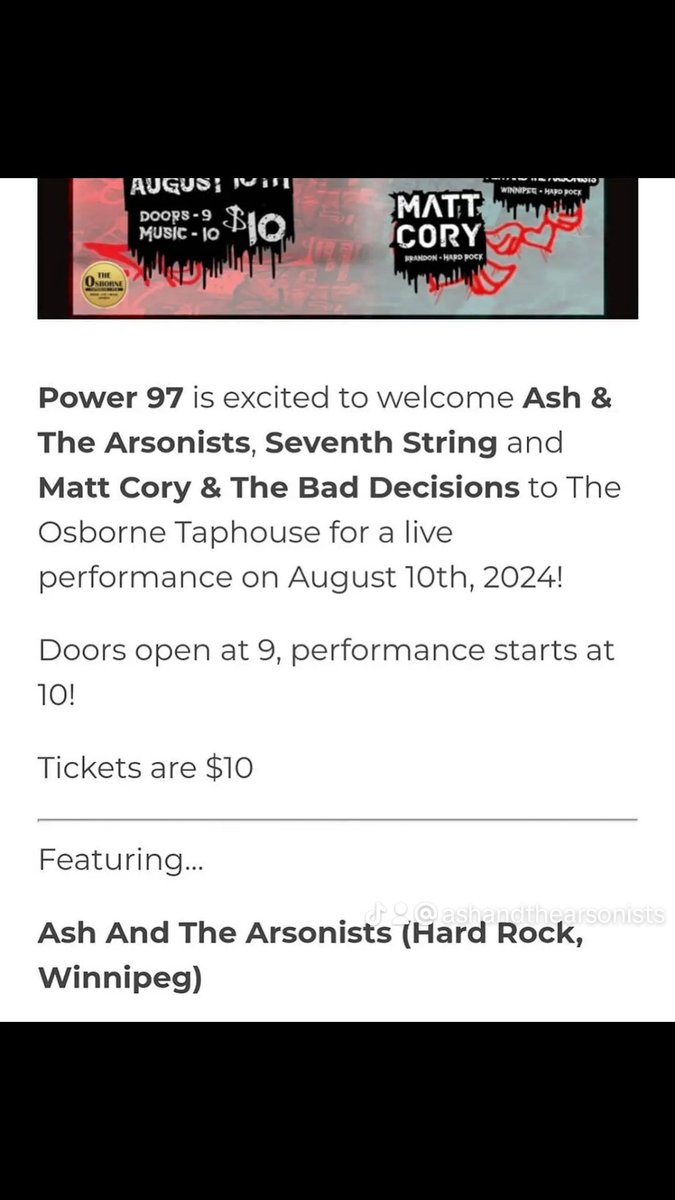 Ash and the Arsonists (@arsonists204) on Twitter photo This just in: @power97 is officially sponsoring the <a href="/arsonists204/">Ash and the Arsonists</a> show at @osbornetaphouse! Make sure you tune in to 97 to hear it mentioned and definitely make sure you come on down on Aug. 10! #Arsonists2024 This just in: @power97 is officially sponsoring the <a href="/arsonists204/">Ash and the Arsonists</a> show at @osbornetaphouse! Make sure you tune in to 97 to hear it mentioned and definitely make sure you come on down on Aug. 10! #Arsonists2024