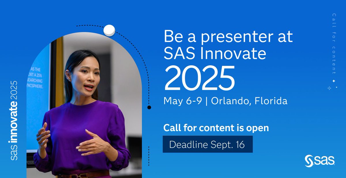 lisa_monk's tweet image. Step into the spotlight! 🌟 #SASInnovate 2025 is your chance to demonstrate your intellectual prowess and connect with leading data and #AI experts. Submit your content by September 16—we’re excited to see what you bring to the table!” 2.sas.com/6017chI3X