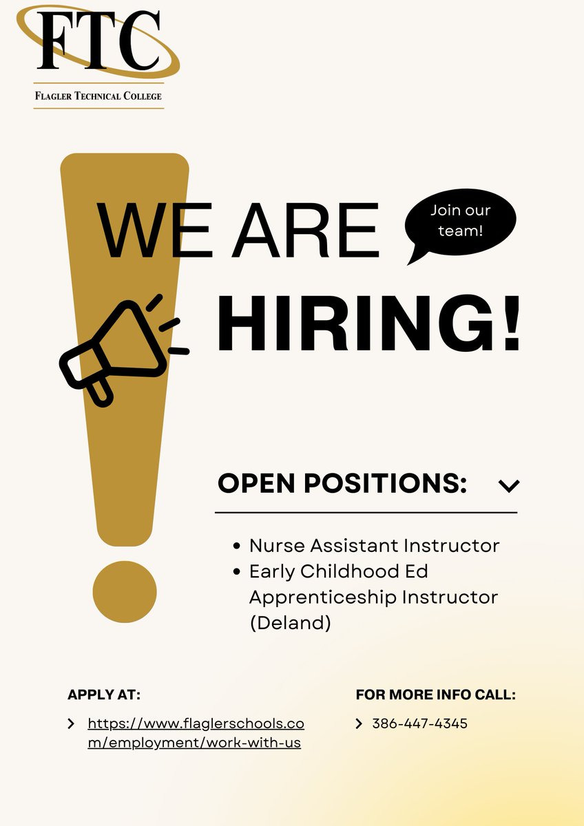 We're Hiring Part-Time Instructors! 📷
Early Childhood Apprenticeship: Ideally located in a Volusia county center, preferably Deland.
Nurse Assistant: Based at our main campus in Palm Coast.
For more information, reach out to us!
386.447.4345