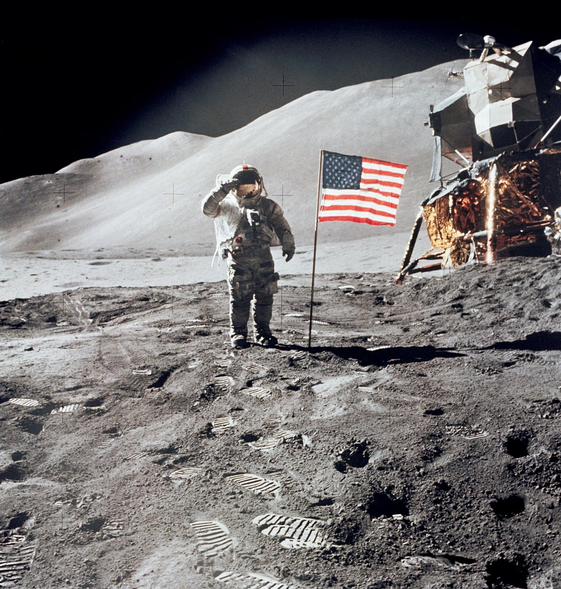 airandspace's tweet photo. #OTD in 1971, at the end of their second EVA (extravehicular activity), the Apollo 15 astronauts set up an American flag on the Moon. A crossbar at the top gives the flag the appearance of flying in the wind. https://t.co/Mi9am4mUQT