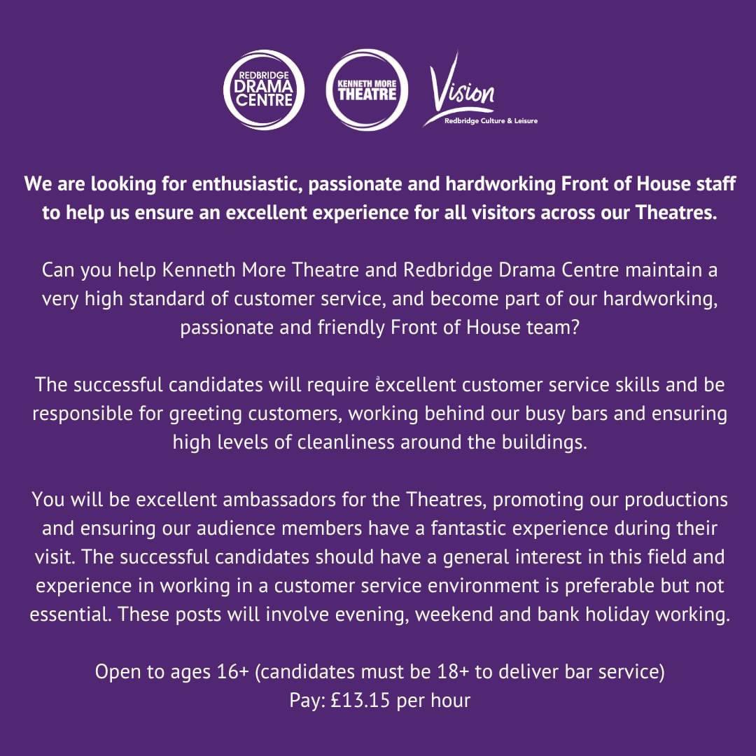 Join our wonderful Front of House team! 🎫🥂

For more information and to apply visit: visionrcl.org.uk/jobs-careers/