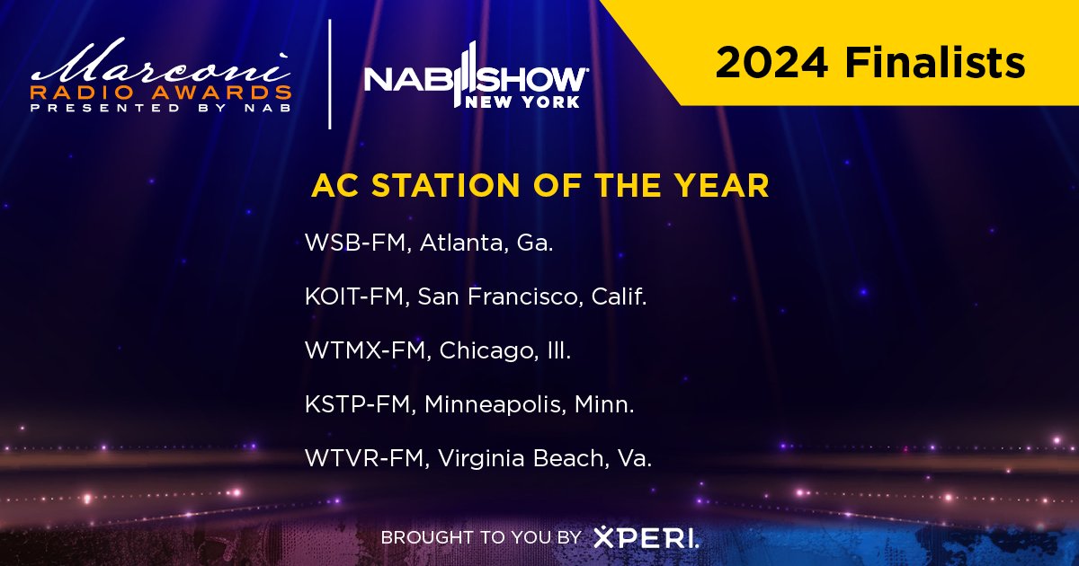 NABShow's tweet image. Congratulations to the 2024 finalists for AC Station of the Year:
#MarconiAwards
WSB-FM (@b985fm),
KOIT-FM,
WTMX-FM (@1019MixChicago),
KSTP-FM (@ks95),
WTVR-FM (@Mix981Richmond).