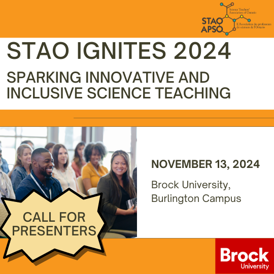 Welcome to STAO Ignites 2024!  Bienvenue à l'APSO Illumine 2024
November 13, 2024 @ Brock University, Burlington Campus 
Call For Presenters now open:  tinyurl.com/staoignite2024
#stao  #STAOIgnites2024 #STAO2024