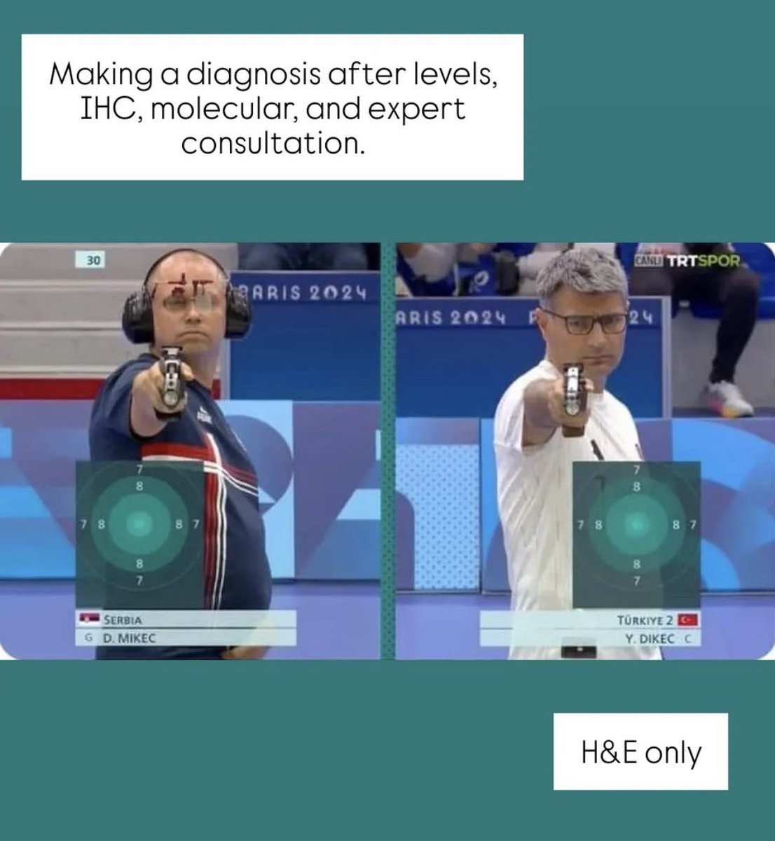 You may have seen the Turkish shooter who took a silver medal in the Olympics with no gear, thought this will be a good add to the #PathX portfolio😅 Shout-out to all the peripheral pathologists who diagnose without gear out there🙌🏻

Special thanks to <a href="/Dr_Brian_Cox/">Brian Cox, MD, MAS</a> for the meme!
