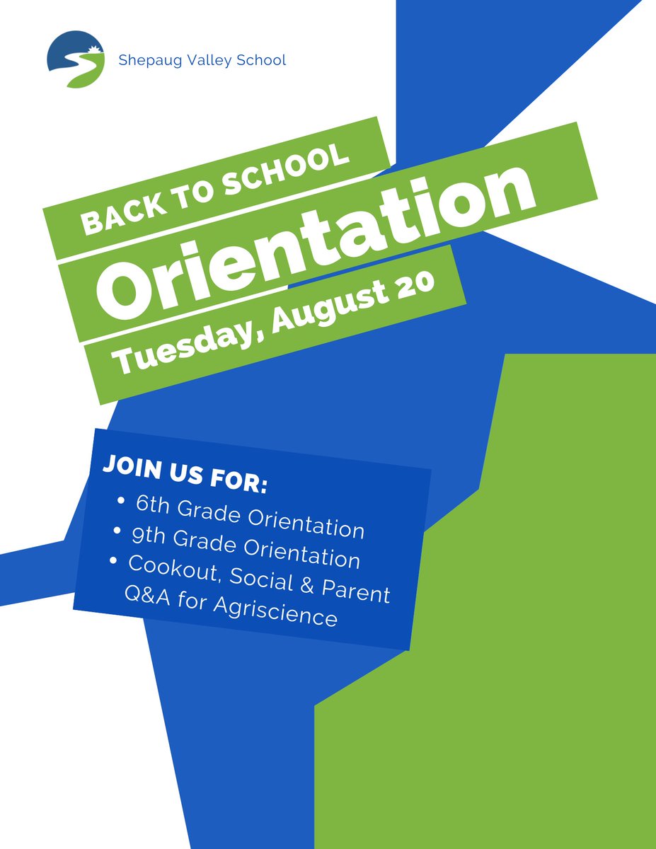 On Tuesday, August 20 Shepaug will hold orientations for 6th grade, 9th grade, and 9th grade Agriscience.

6th Grade: 10-11:30am; session for parents 10:30-11:30am

9th Grade: 9:30am-12pm; session for parents 9:30-10:15am

Cookout &amp; Parent Q&amp;A for Agriscience 9th grade 12-2pm
