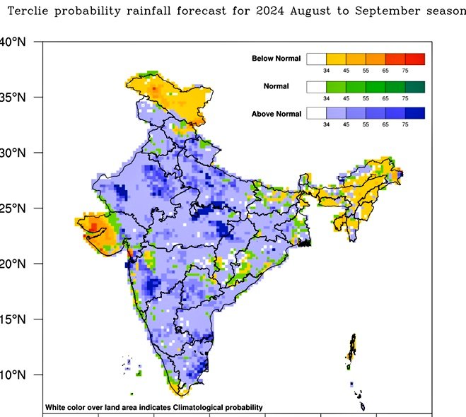Hosalikar_KS's tweet image. ☔Rainfall ovr entire country during 2nd half of #SWMonsoon season(Aug -Sept)most likly above normal;AN (&amp;gt;106% of LPA)
☔Normal-AN most parts of country 
☔Below Normal many parts of NE &amp;amp; adj areas of E India,Ladakh,Saurashtra Kutch,some isol pockets of central &amp;amp; peninsular India