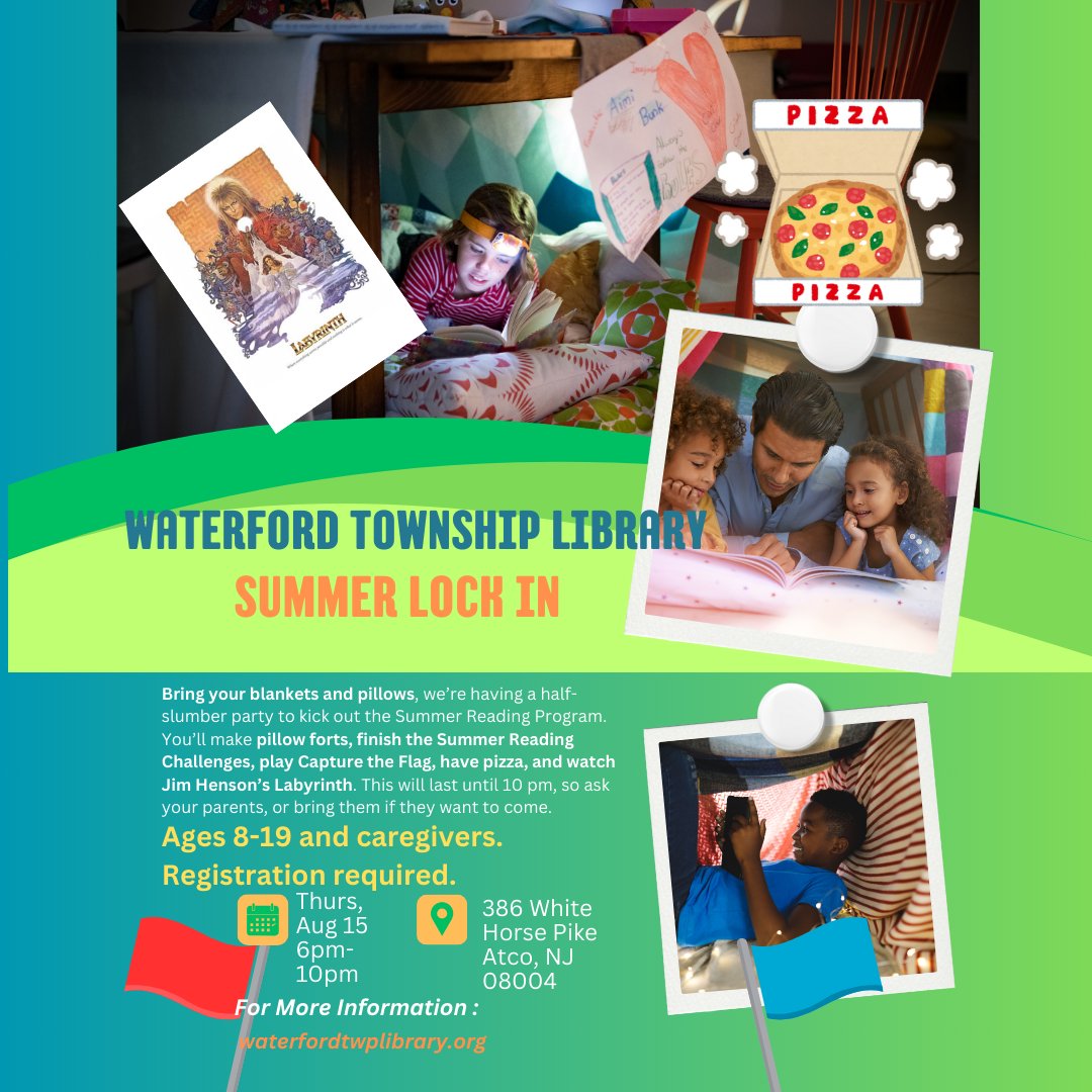 Bring your blankets and pillows, we’re having a half-slumber party to kick out the Summer Reading Program. Make pillow forts, play Capture the Flag, have pizza, and watch Jim Henson’s Labyrinth.

This will last until 10 pm, so ask your parents, or bring them if they want to come.