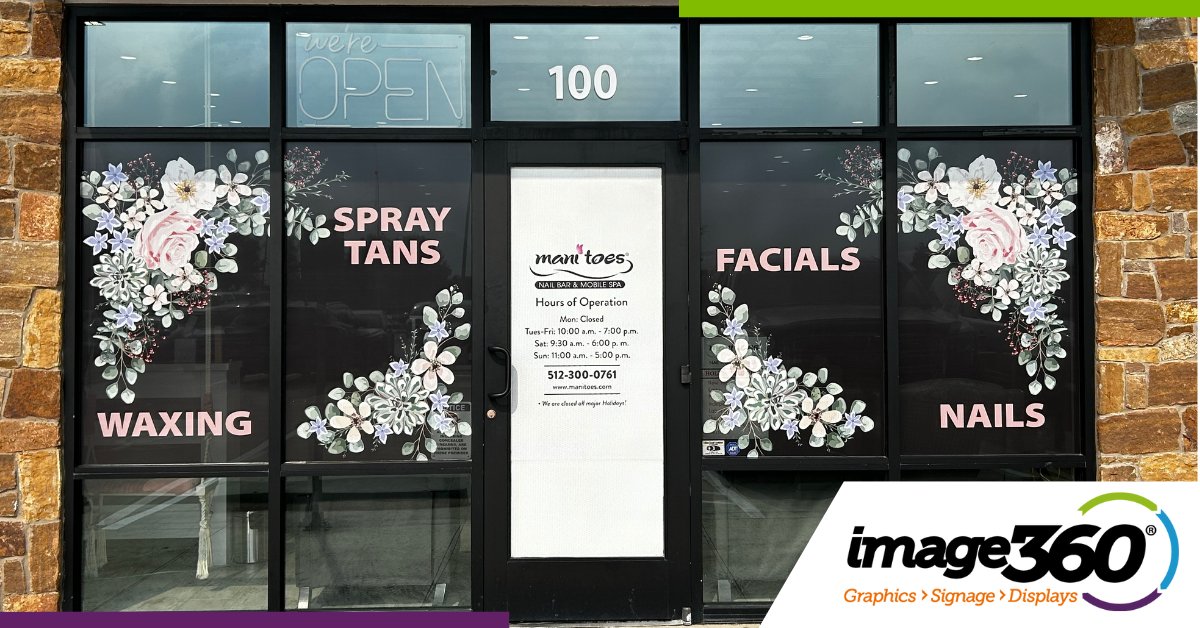 i360RoundRockTX's tweet photo. Check out this recent window graphic project we completed for Mani Toes, A Luxury Beauty Salon in Round Rock, Texas!

https://t.co/Ysx8NMjzRe

#signs #wraps #roundrock #austin #northaustin #georgetowntx #cedarparktx #leandertx #kileen #templetx #williamsoncounty #image360 https://t.co/oEg3SrnXlV