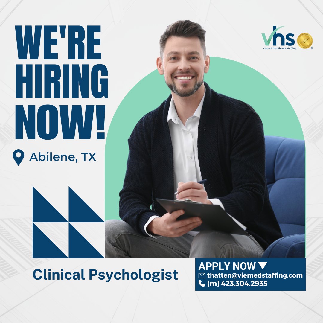 TravisHatten20's tweet photo. Are you a Clinical Psychologist looking for an exciting new opportunity? Join our dynamic team in Abilene, TX, and experience the vibrant culture and warm community of the Lone Star State! Apply online today 👉 https://t.co/JqpitMrwPr. https://t.co/knDDxs2xkw