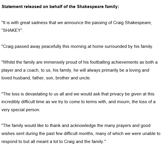 RobHarris's tweet photo. Devastating news

Ex-Leicester manager Craig Shakespeare - Claudio Ranieri's assistant during the 2016 Premier League win - has died aged 60.

His family said via the League Managers' Association: "Craig passed away peacefully this morning at home surrounded by his family" https://t.co/QEdka7WotL