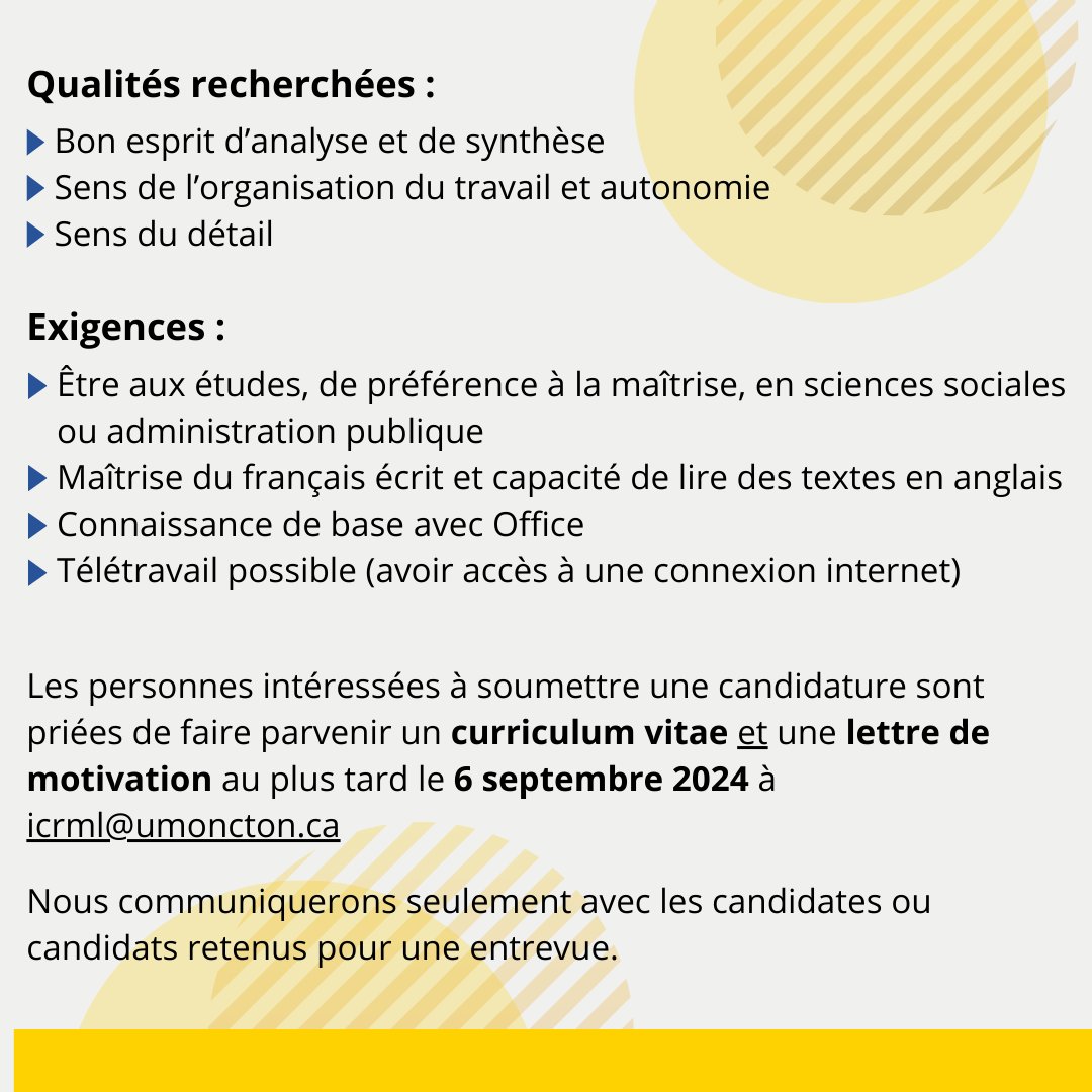 L'ICRML recherche une personne pour effectuer de l'assistanat de recherche à temps partiel.

Postulez avant le 6 septembre 2024!

Description de l'offre : icrml.ca/images/Annonce…