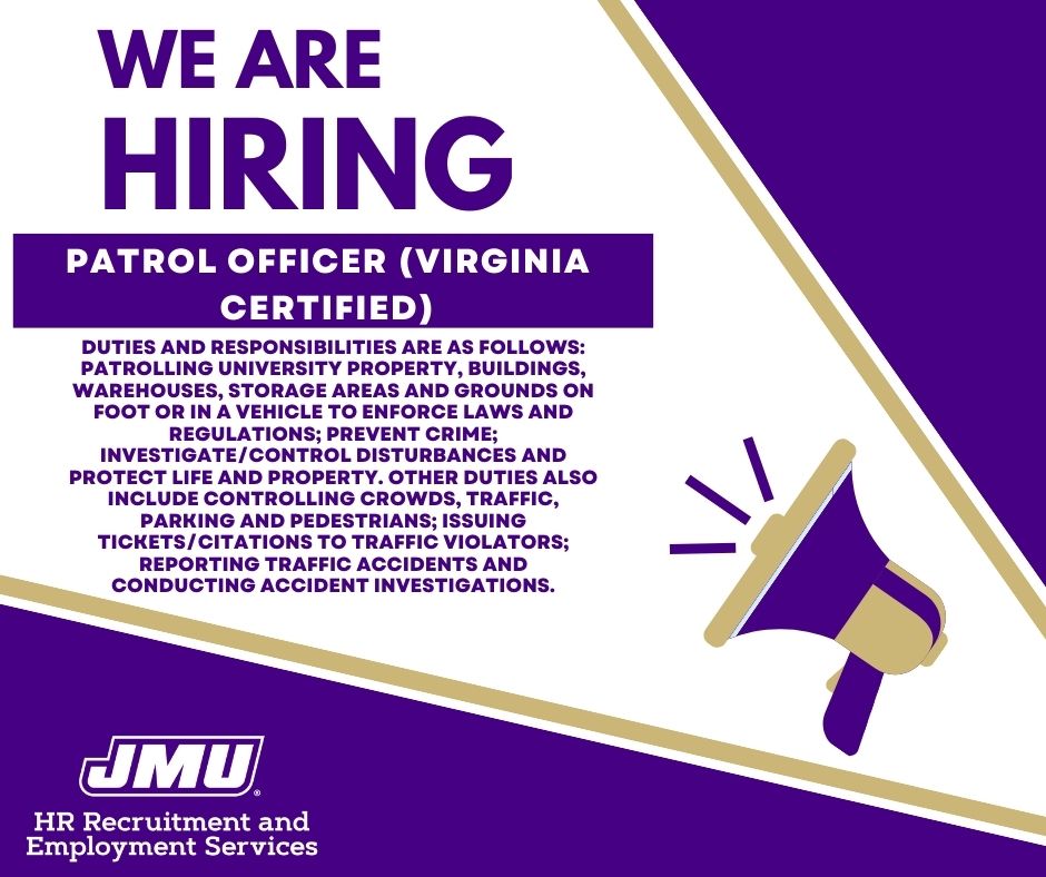 JMUJobs's tweet image. JMU Police Department is currently accepting applications for a Patrol Officer (Virginia Certified) Apply now for this opportunity: jobs.jmu.edu/jobs/patrol-of…
#JMU #Jobs #JMUJobs #NowHiring #JamesMadisonUniversity #lawenforcementjobs #PoliceJobs