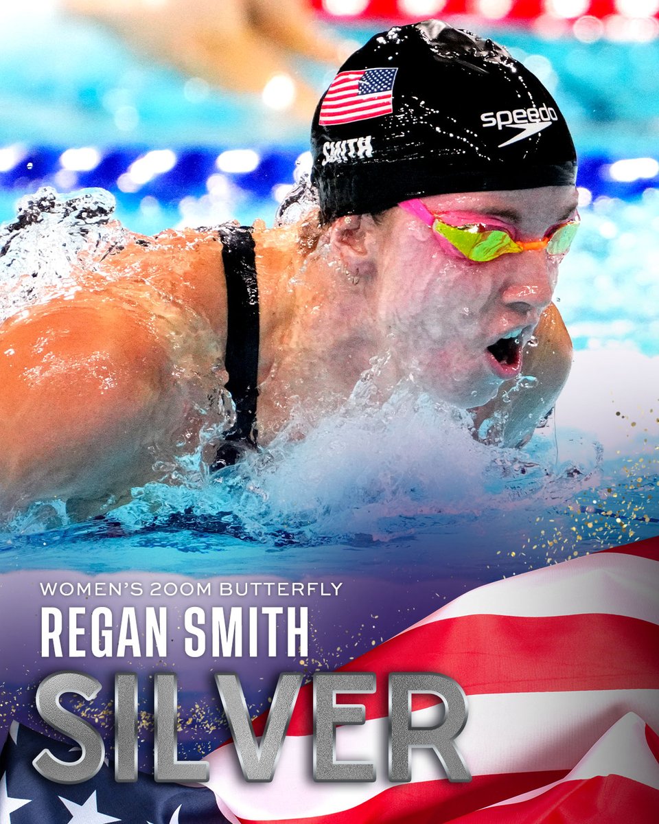 NBCOlympics's tweet photo. Regan Smith takes SILVER in the women's 200m butterfly for her fifth Olympic medal! 🇺🇸🥈 #ParisOlympics https://t.co/d54dBhVzun