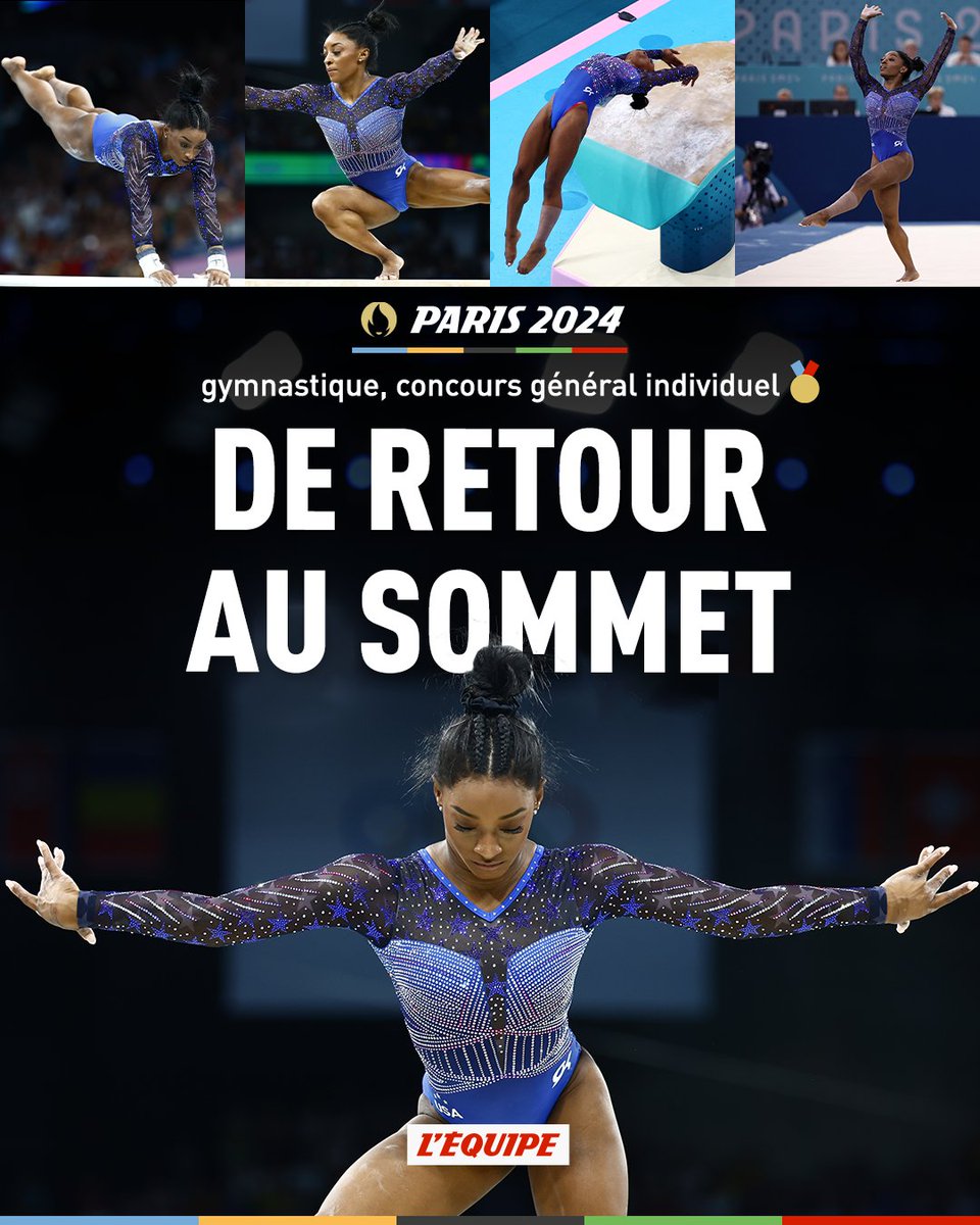 lequipe's tweet photo. Sixième titre olympique pour Simone Biles, qui retrouve l'or du concours général aux JO de Paris 2024 > https://t.co/0Lr48eOX2W

#Paris2024 https://t.co/oPH3iLz9s0