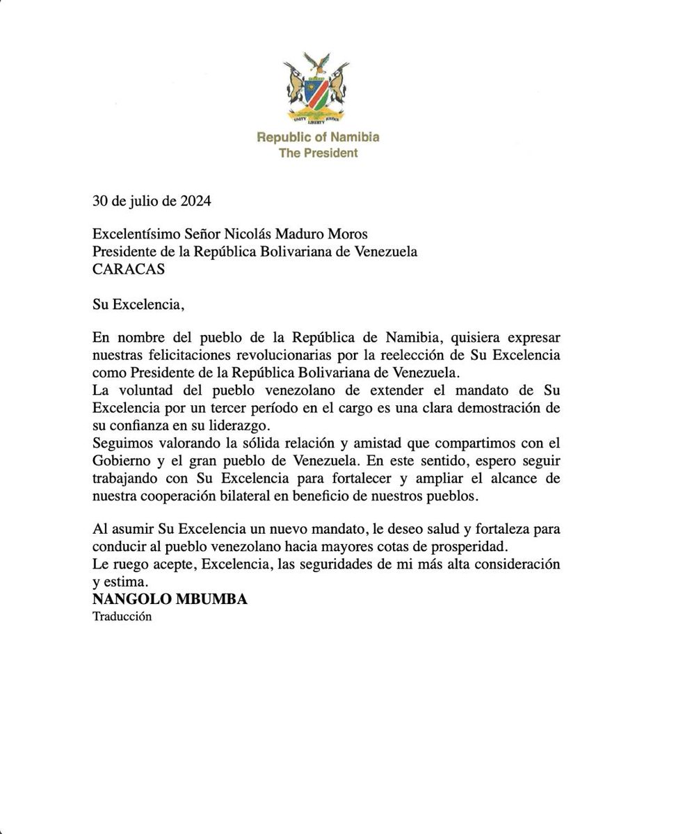 yvangil's tweet photo. En nombre del Presidente @NicolasMaduro y del pueblo venezolano, agradecemos al Presidente de Namibia @DrNangoloMbumba por su respaldo a la soberanía de nuestro país y sus deseos de paz y prosperidad en esta nueva etapa de nuestra historia tras las elecciones del 28 de julio. https://t.co/5bSCrBdMA3