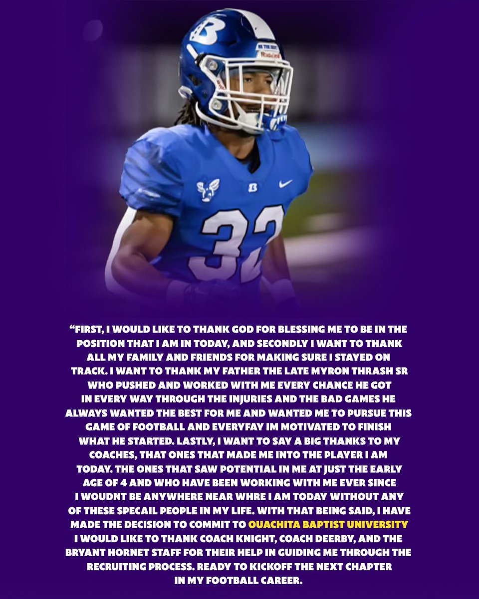 ThrashJr17's tweet photo. After a wonderful visit @OuachitaFB I am proud to announce that I will be furthering my football career and academic education at Ouachita Baptist University!! Truly does feel like home away from home!💜🐯@Coach_Scott2000 @derbytd @Coach_SandersQ @GBock24 @CoachJones08 https://t.co/Mfrcvhay6W