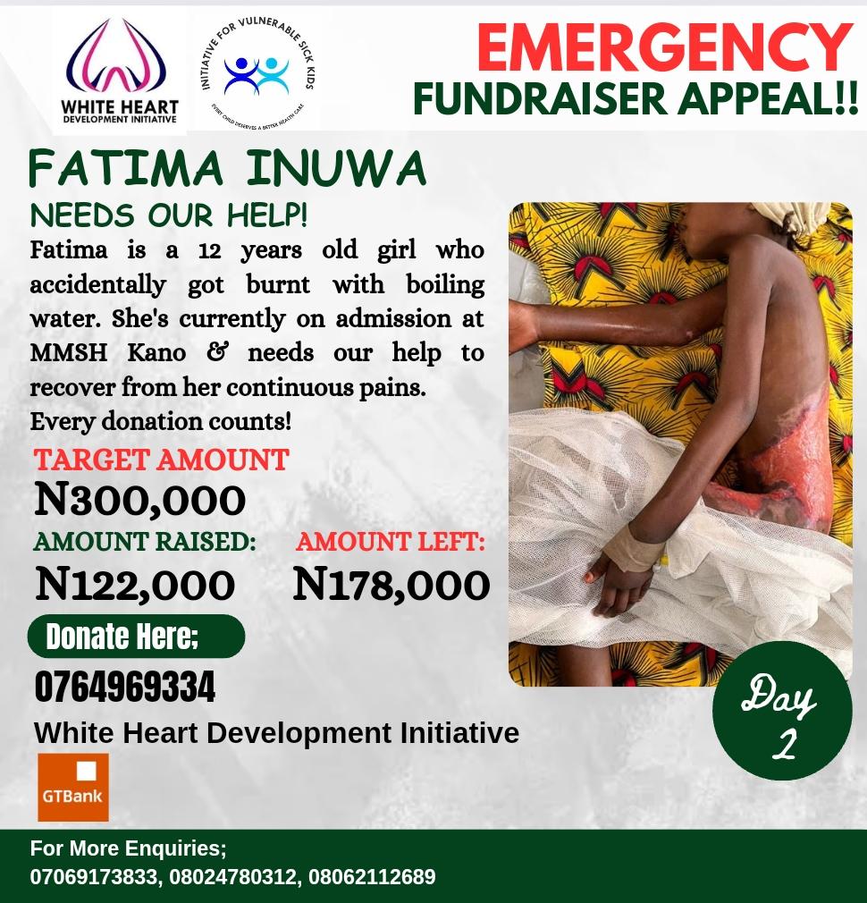 IVSickK's tweet photo. ₦122,000 raised so far.

With your continuous support, FATIMA will recover fast from her burns.
Keep the donations coming or PLEASE help us share on your social timelines.

Every donation counts 🙏🏽

0764969334 
White Heart Development Initiative
GT Bank https://t.co/j1UdhD7b32