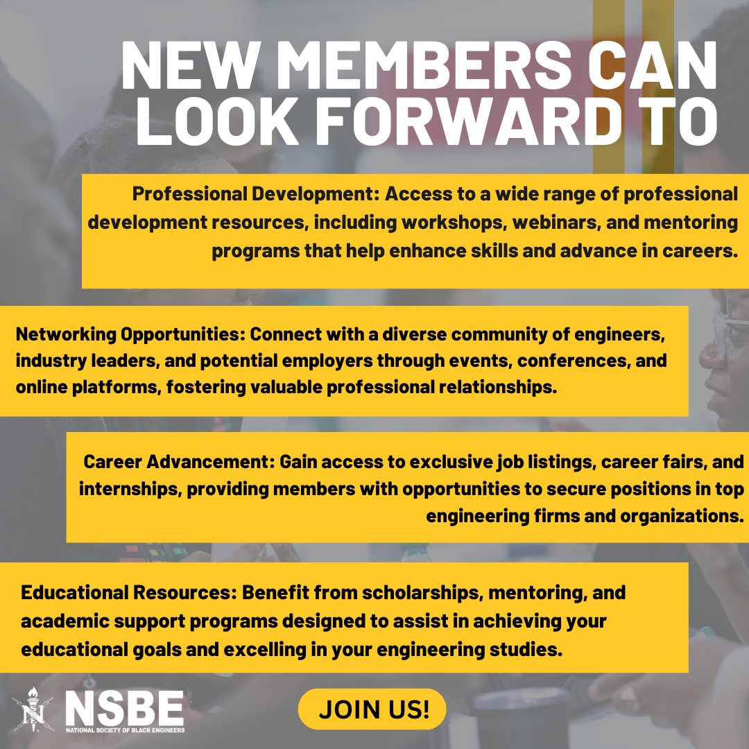 NSBE's tweet image. Join the NSBE family today! Swipe to see all the amazing benefits of becoming a member. Click the link in our bio to sign up and start your journey with us! If you're an existing member, please renew today! #NSBE #JoinTheMovement #MembershipMatters #EngineeringExcellence