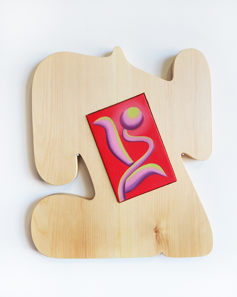 Lately I've been making pieces like this where a mini oil painting sits inside a figurative wood frame. 

The mini painting is meant to match the movement and mood of each figure, somewhat like a window into how the figure is feeling.

This one is titled 'Growing Sideways'.