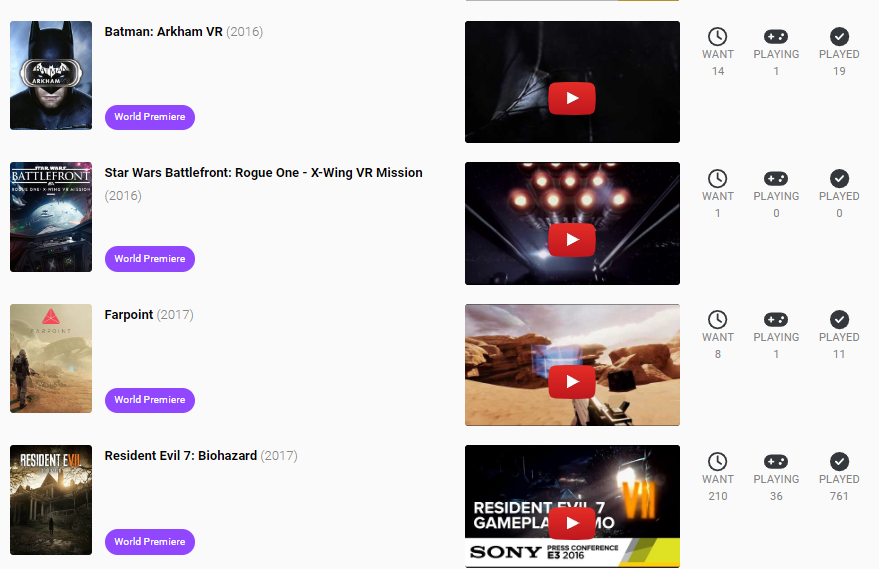 joĂŁo f.s. neto (fror) (@frozaum) on Twitter photo After almost seven long months, I'm excited to share that you can now check all of the E3 press conferences from 2001 to 2019, including all of the games featured in them, almost all of its trailers and world premieres directly on <a href="/IGDBcom/">IGDB | Welcome Home, Gamer!</a> :)
igdb.com/events After almost seven long months, I'm excited to share that you can now check all of the E3 press conferences from 2001 to 2019, including all of the games featured in them, almost all of its trailers and world premieres directly on <a href="/IGDBcom/">IGDB | Welcome Home, Gamer!</a> :)
igdb.com/events