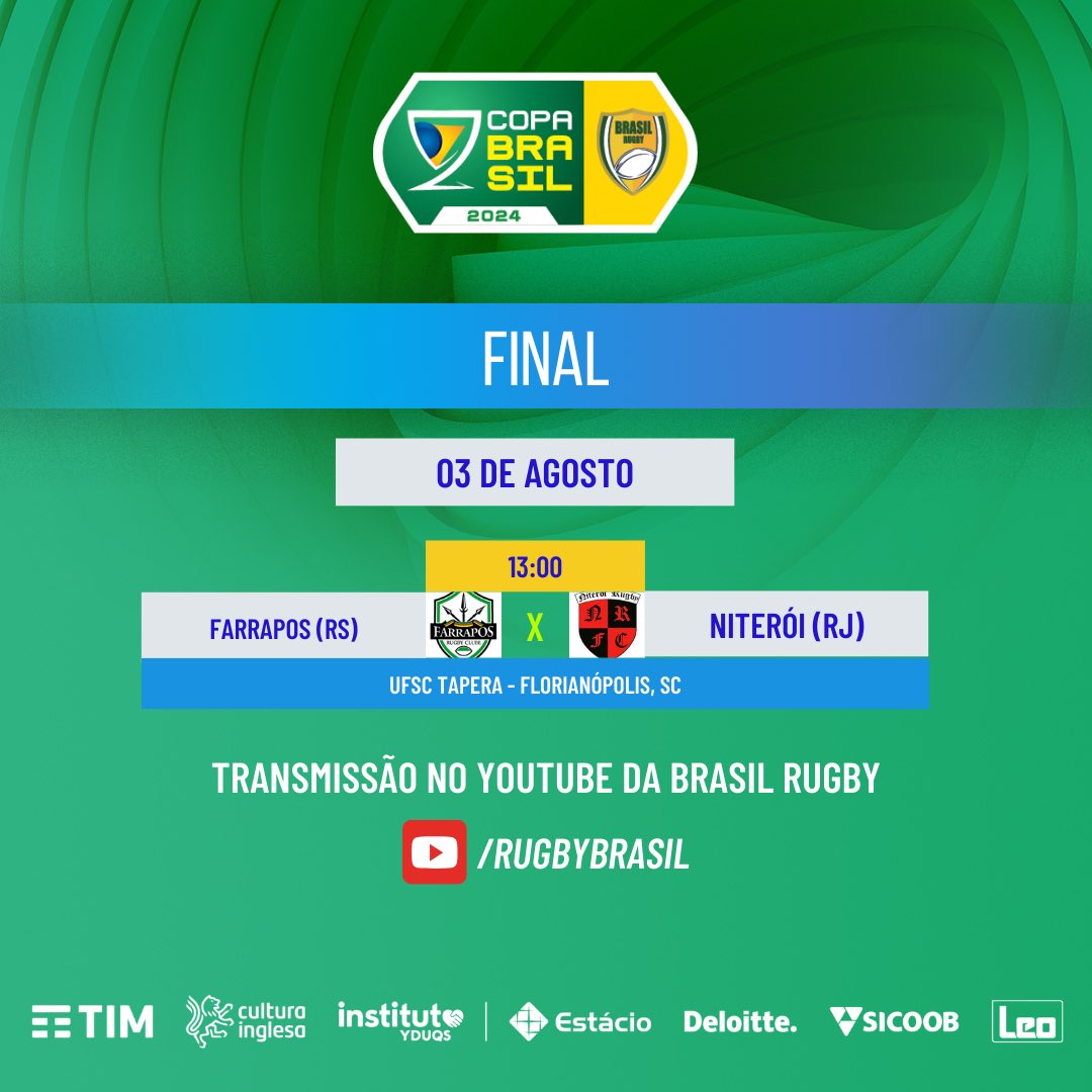brasilrugby's tweet photo. Vem ai a FINAL da #CopaDoBrasildeRugby! É nesse sábado com transmissão ao vivo no YouTube da Brasil Rugby

O evento é na UFSC, em Florianópolis, com rodada tripla que ainda inclui os jogos de ida do #BRXV Desenvolvimento 

Acesse e saiba mais:

https://t.co/iykR5G2pXV https://t.co/LIjfQEnCrR