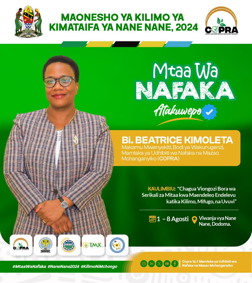 Makamu Mwenyekiti wa Bodi ya Wakurugenzi, Mamlaka ya Udhibiti wa Nafaka na Mazao Mchanganyiko (#COPRA), Bi. Beatrice Kimoleta atakuwepo kwenye Maonesho ya Kimataifa ya Kilimo (#NaneNane2024) yanayofanyika Jijini Dodoma kuanzia tarehe 01 hadi 08.

#MtaaWaNafaka
#KilimoNiMchongo