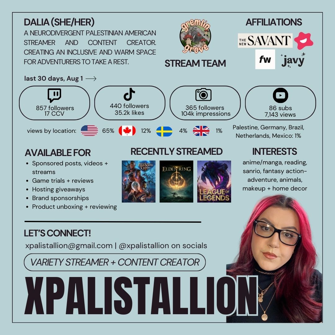 Hi, I'm Dalia ༊*·˚

Variety streamer focusing on making my community's days a little softer, sillier and lighter. 💐

Looking forward to connecting! 
🔗 linktr.ee/xpalistallion
📩 xpalistallion@gmail.com