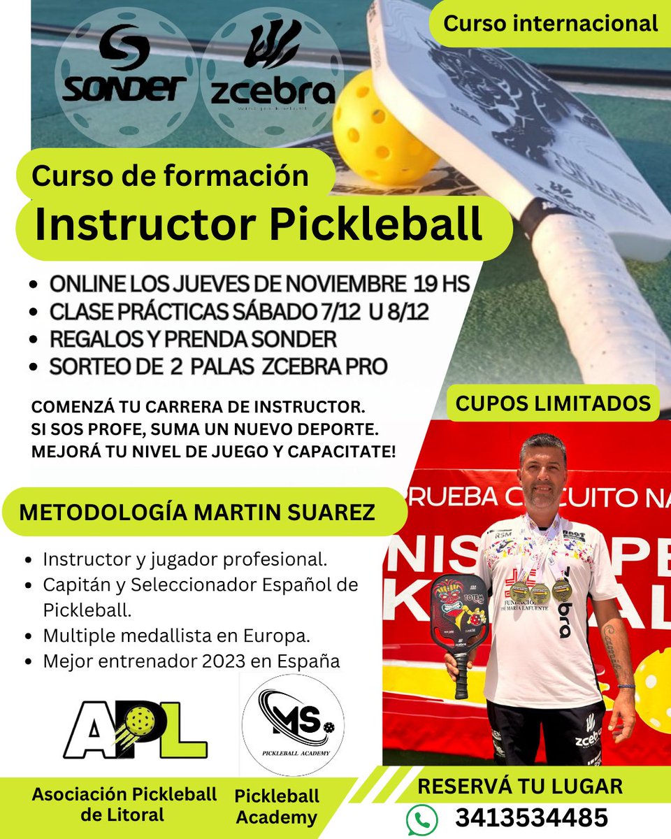 Curso Internacional de Instructor de Pickleball en Argentina.
Metodología Martín Suárez Pickleball Academy.
Clases Online + Práctica en Rosario y Buenos Aires.

Modalidad: online todos los jueves de Noviembre a las 19 horas. Practica sábado 7/12 o 8/12.

Cupos limitados!