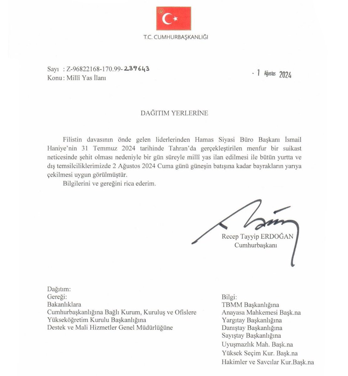 Devletin teamülleri vardır. 
Cumhurbaşkanının keyfine ve yetkisine göre Milli Yas ilan edilemez. 
Bu Türk Milletine bir dayatmadır ve kabulü mümkün değildir. 
Önemli kavramların devlet eliyle sulandırılmasını şiddetle reddediyorum.