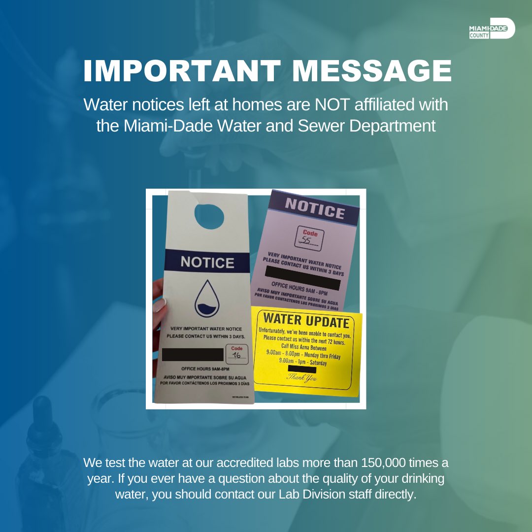 Recently, water solicitation notices have been left at homes. These are NOT associated with our department. Learn more here: miamidade.gov/global/release…